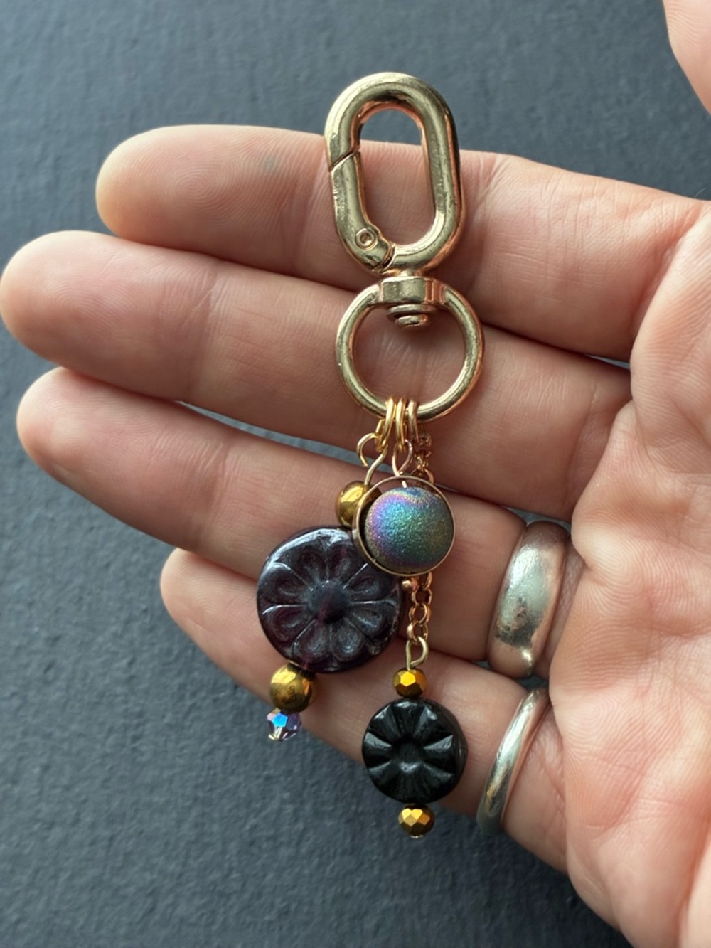Handcrafted Iridescent Floral Charm Keychain - Gold Hardware - Picture 4 of 5
